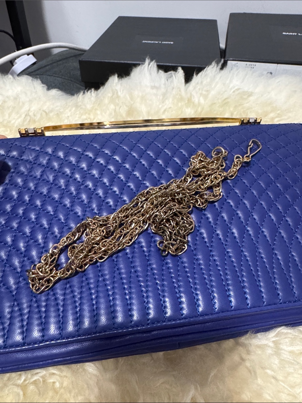 Bally Quilted Blue Leather Top-Handle Satchel with Gold Accents - Picture 9 of 9